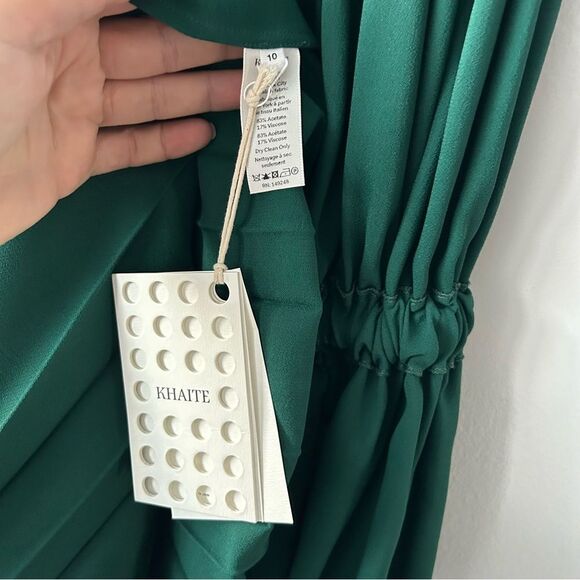 KHAITE Cara Pleated Stepped-Hem Satin Dress in Green - Picture 14 of 16
